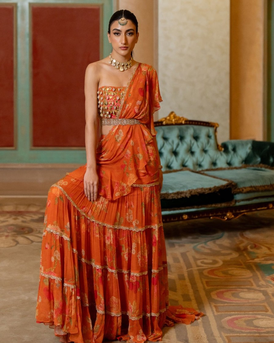 Womens Paulmi u0026 Harsh | Rust Orange Floral Printed Chiffon Sari Set