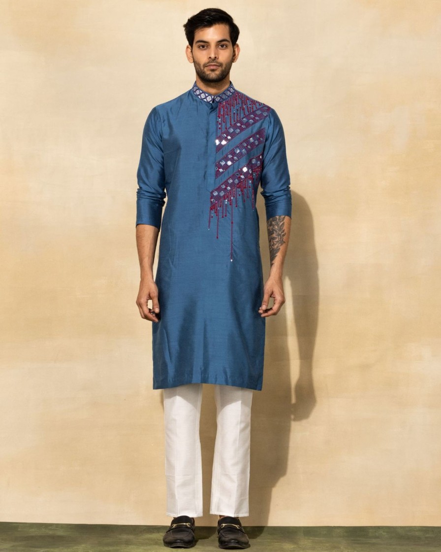 Mens Diya Rajvvir Mens | Indigo Blue Embellished Kurta Set