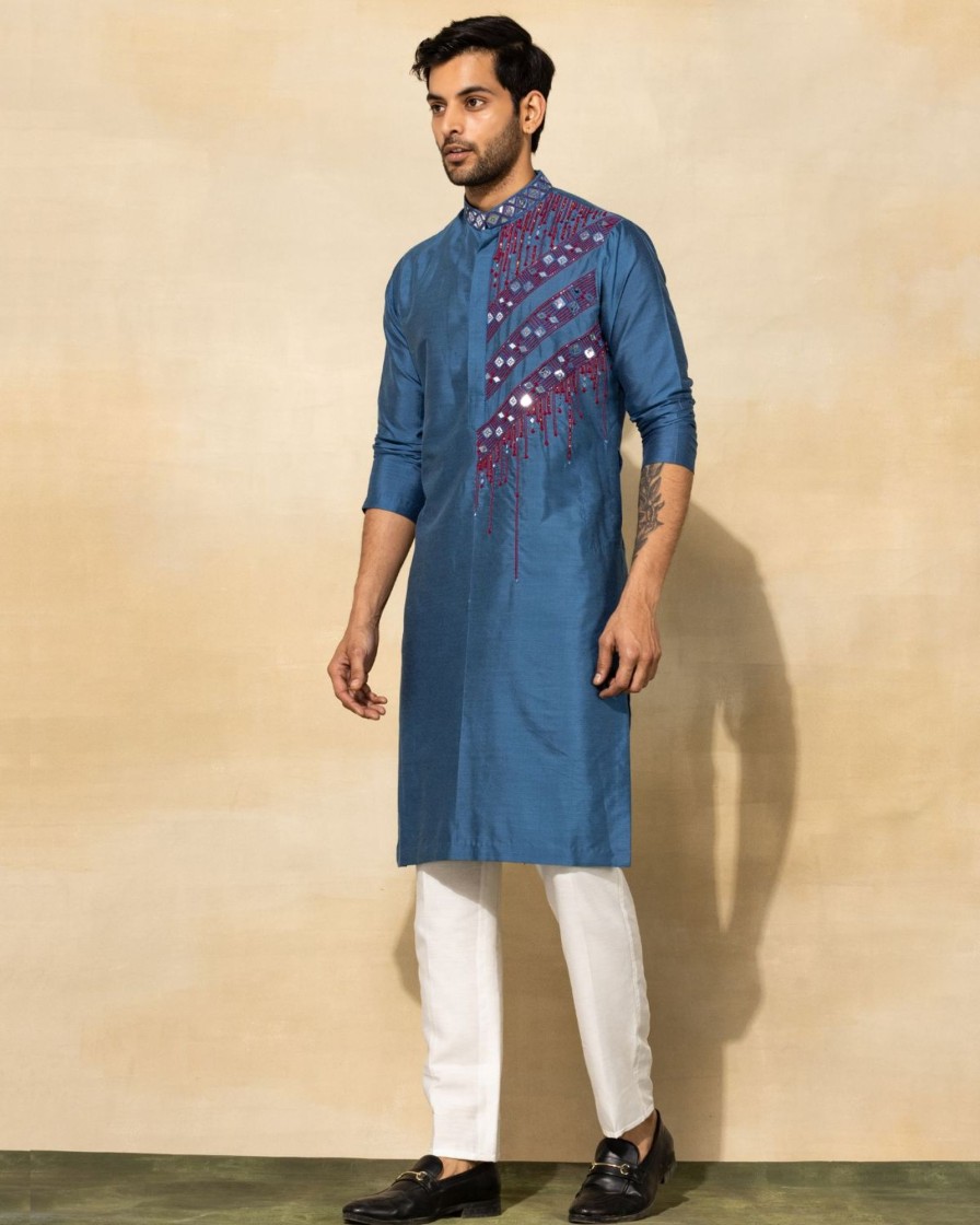 Mens Diya Rajvvir Mens | Indigo Blue Embellished Kurta Set