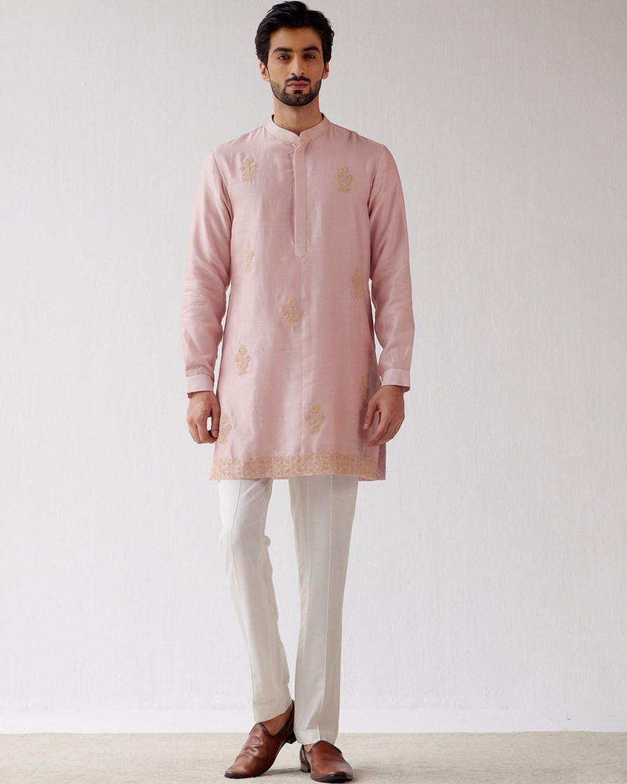 Mens Devnaagri Mens | Blush Pink Hand Embroidered Short Kurta Set