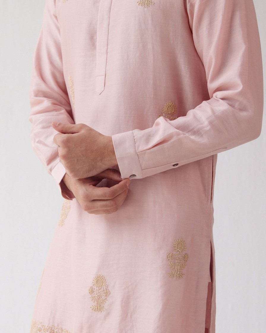 Mens Devnaagri Mens | Blush Pink Hand Embroidered Short Kurta Set