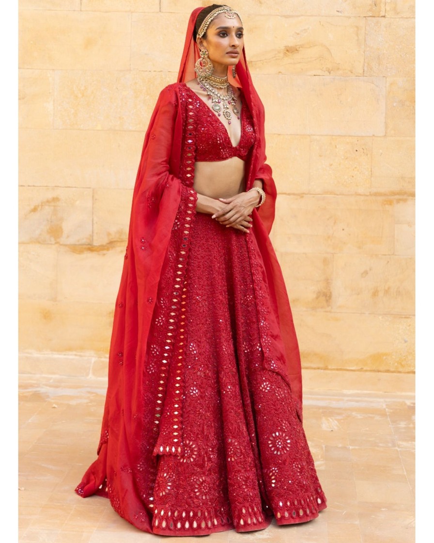 Womens Arpita Mehta | Red Mirror Embroidered Lehenga Set