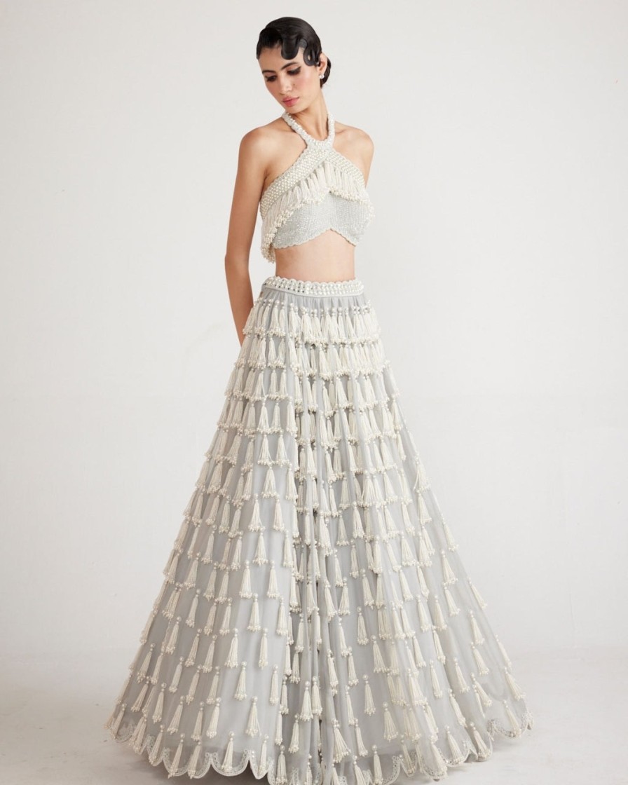 Womens Vvani by Vani Vats | Powder Grey Chandelier Pearl Drop Crop Top Skirt Set