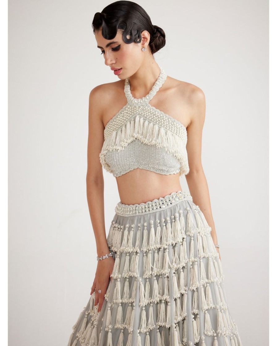 Womens Vvani by Vani Vats | Powder Grey Chandelier Pearl Drop Crop Top Skirt Set