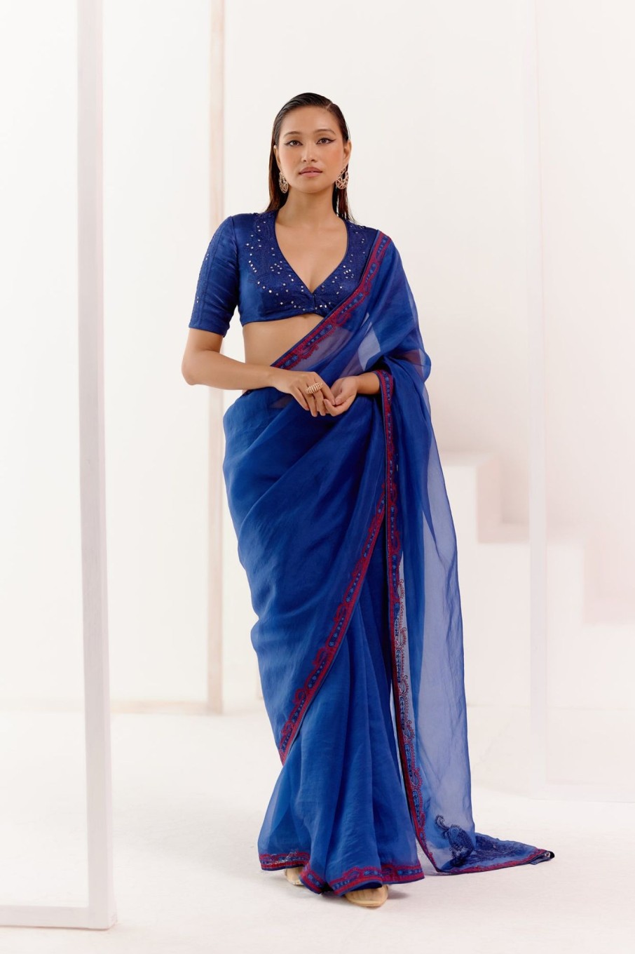 Womens Devnaagri | Royal Blue Multi Hued Dori Embroidered Organza Sari