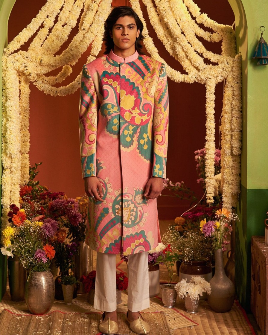 Mens Siddhartha Bansal Mens | Signature Pink Royal Paisley Sherwani Set