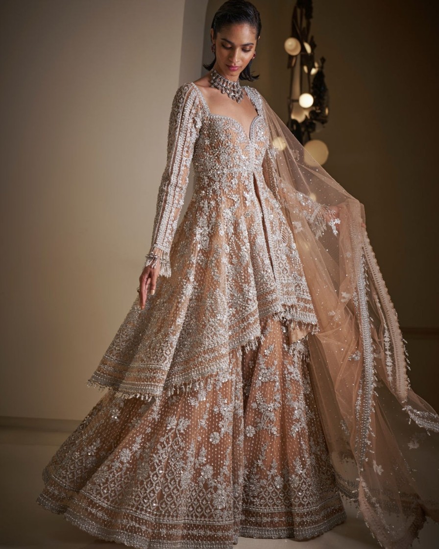 Bridal Seema Gujral | Nude Silver Jacket Sharara Set