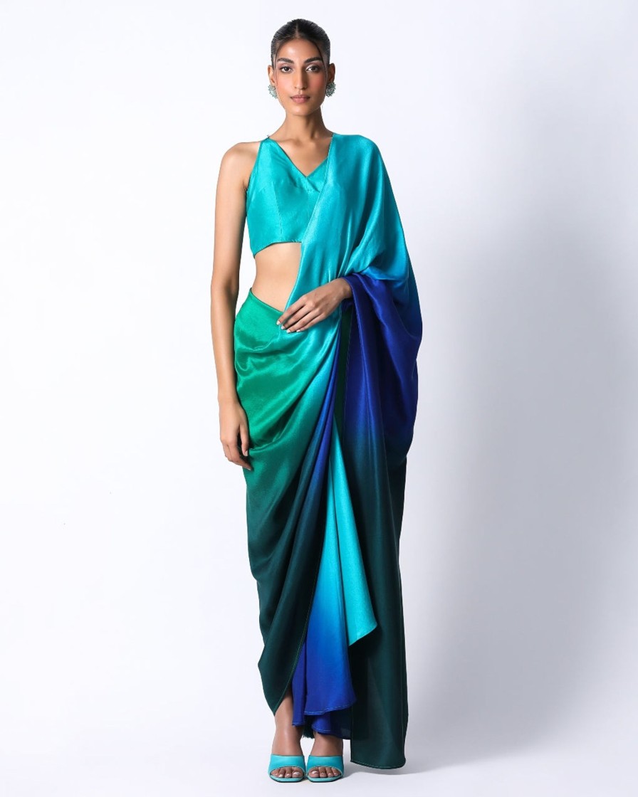 Womens 431-88 | Fringe Pallu Blouse With Ombre Masai Godet Sari