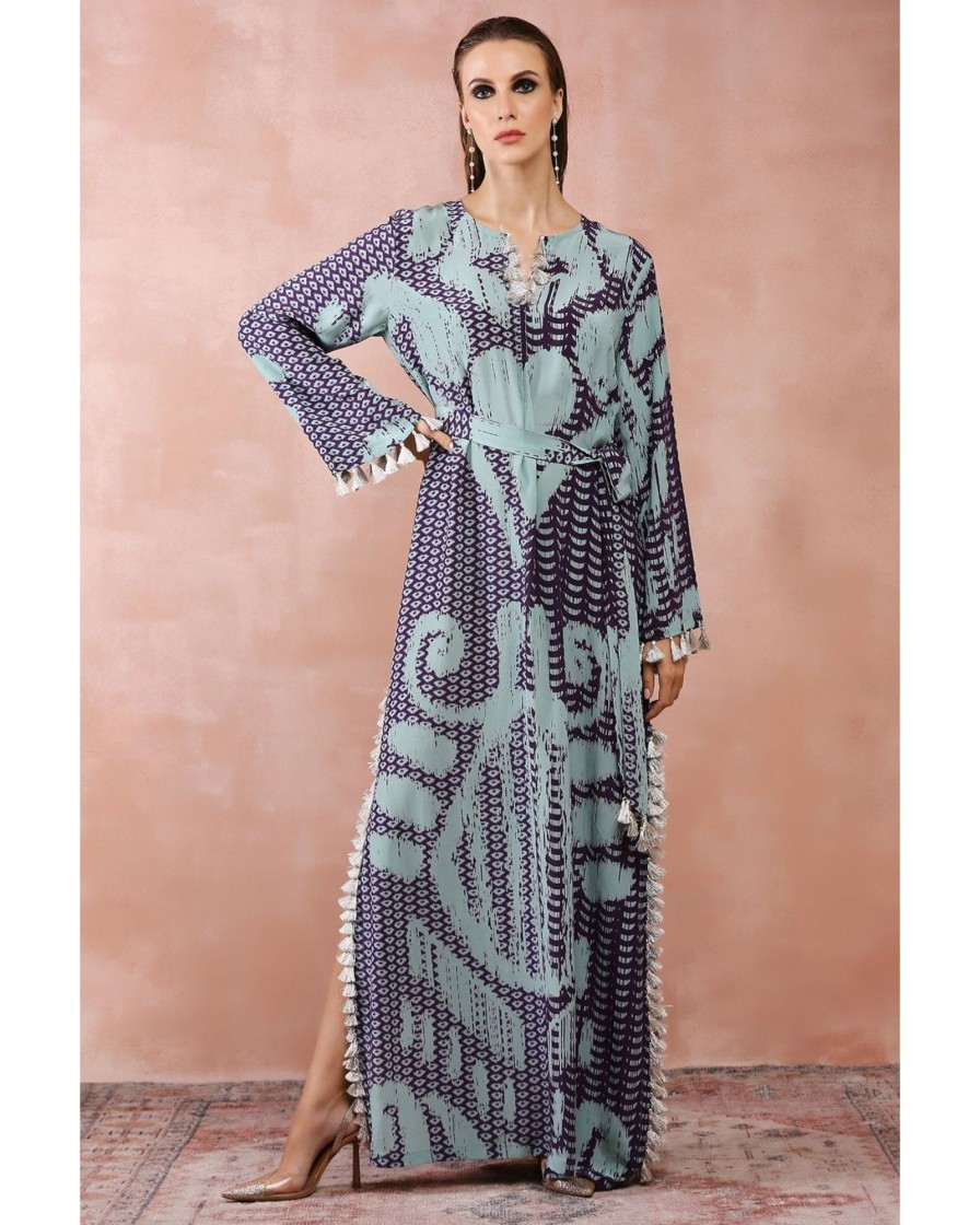 Womens Payal Singhal | Aqua And Purple Uzbek Print Kaftan