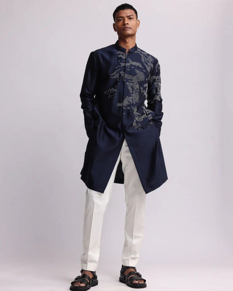 Mens Country Made | Navy Shadow Camo Placement Front Open Kurta Set