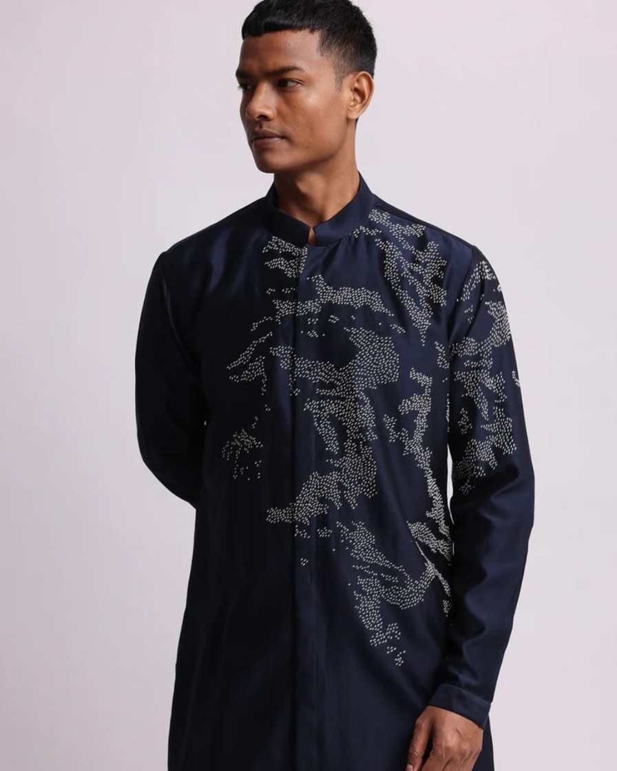 Mens Country Made | Navy Shadow Camo Placement Front Open Kurta Set