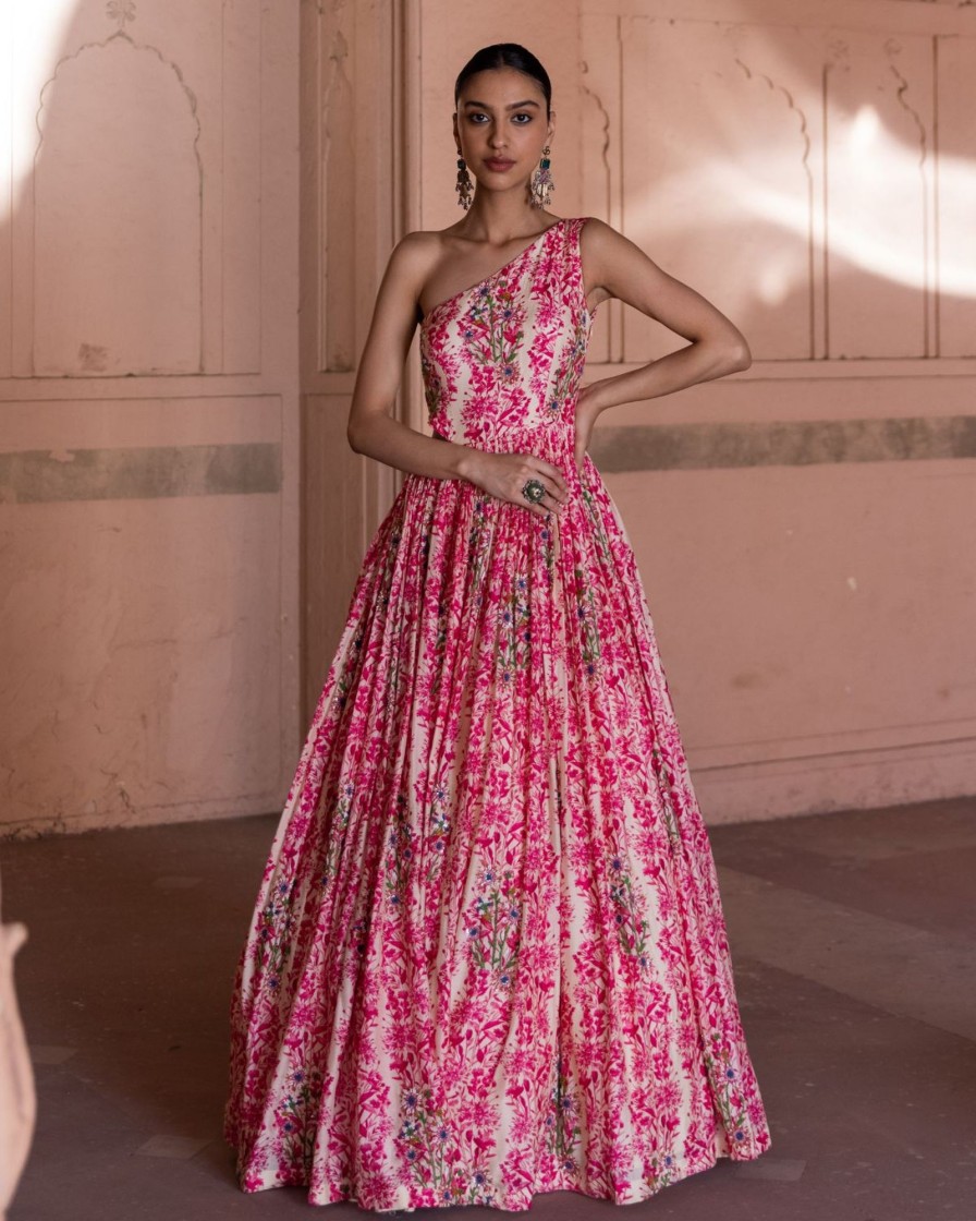 Womens Label Anushree | One Shoulder Rani Pink Gown