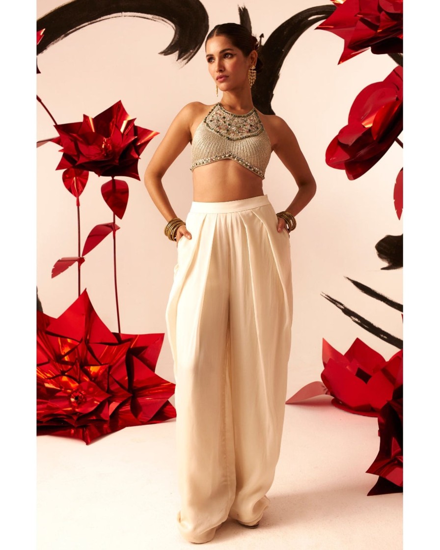 Womens Bhumika Sharma | Halter Embroidered Blouse With Ivory Pant