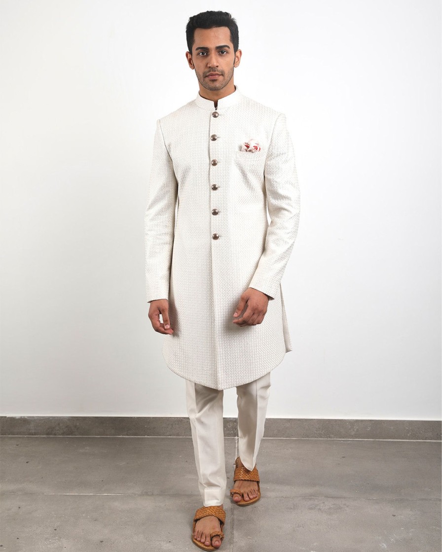 Mens Arjan Dugal | Off White Chanderi Achkan Set