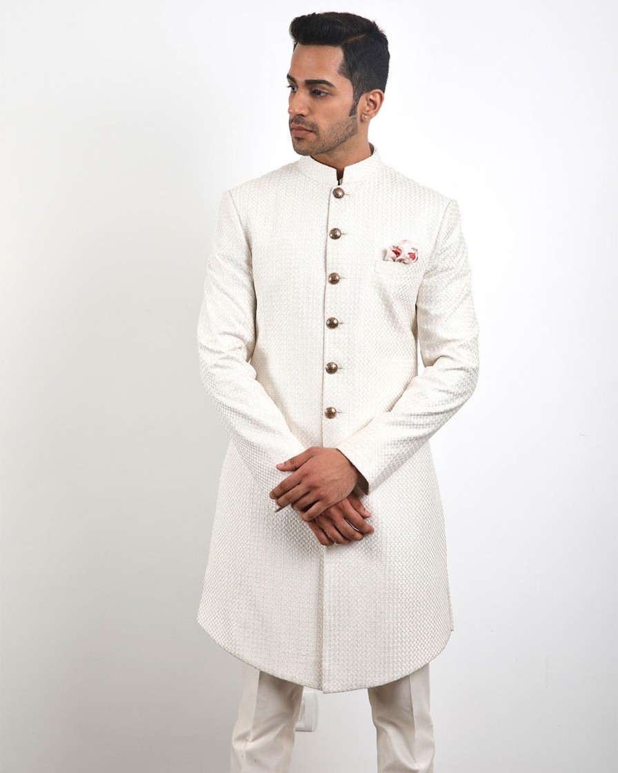 Mens Arjan Dugal | Off White Chanderi Achkan Set