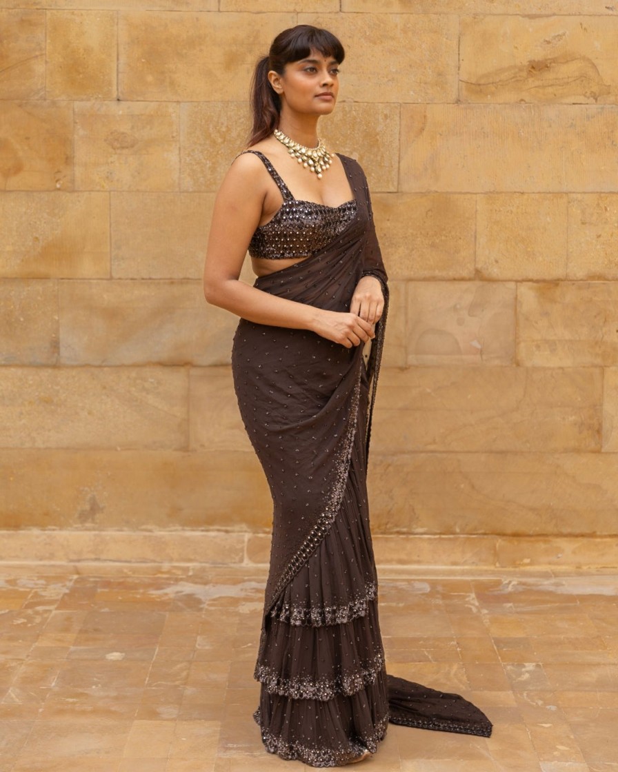 Womens Arpita Mehta | Brown Sequins Embroidered Tiered Sari Set