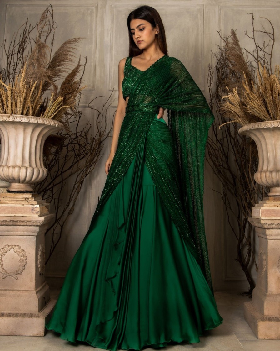 Womens Ritika Mirchandani | Emerald Green Agafya Lehenga Sari Set