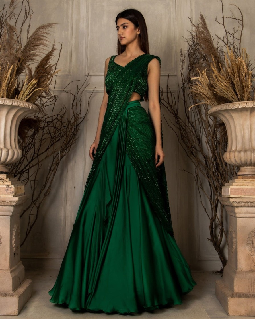 Womens Ritika Mirchandani | Emerald Green Agafya Lehenga Sari Set