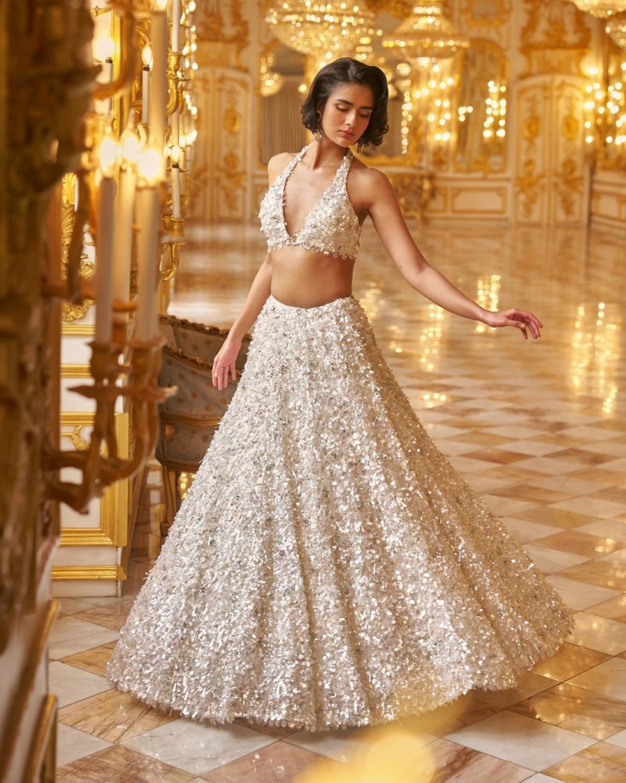 Bridal Seema Gujral | White Sequin Lehenga Set