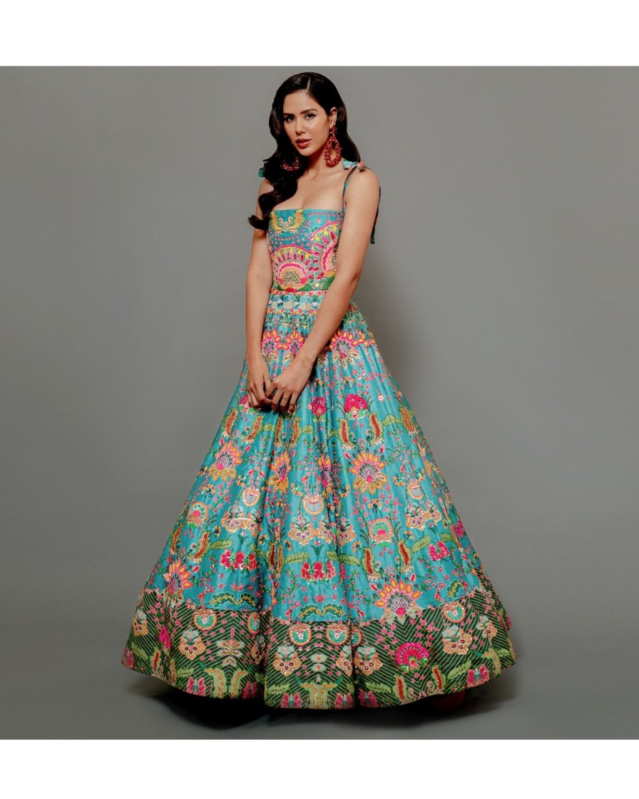 Womens Siddhartha Bansal | Hawaiian Teal Embroidered Corset Gown