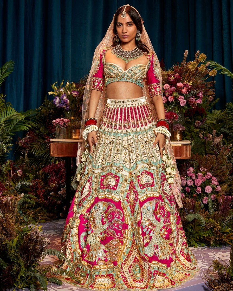 Bridal Papa Don't Preach | Rose Appliques Of Red, Teal, Ivory Silks Lehenga Set