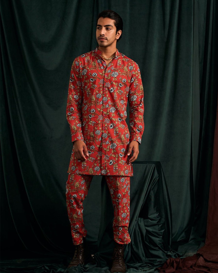 Mens Project Bandi | Scarlet Brindavan Cotton Kurta With Printed Pajama