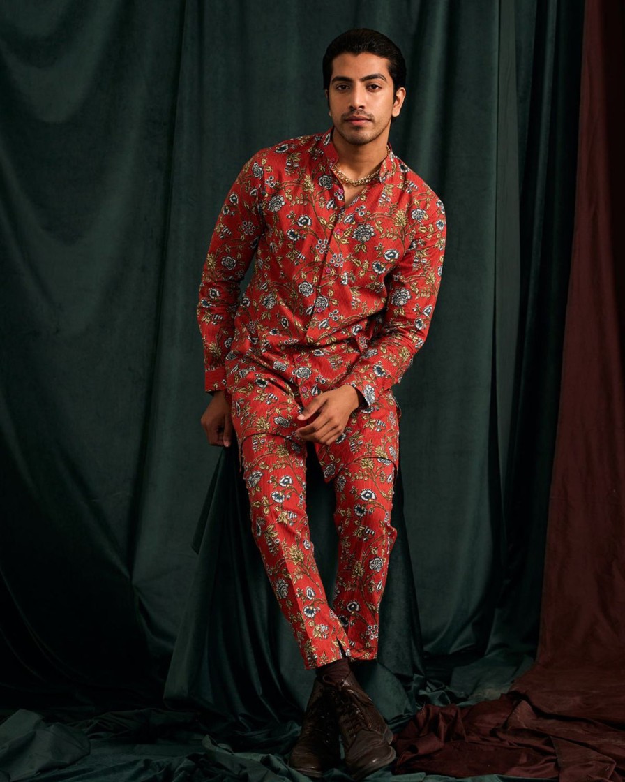 Mens Project Bandi | Scarlet Brindavan Cotton Kurta With Printed Pajama