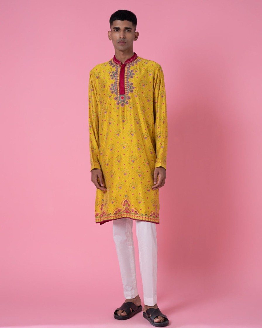 Mens Siddhartha Bansal Mens | Yellow Ochre Embroidered Kurta Set