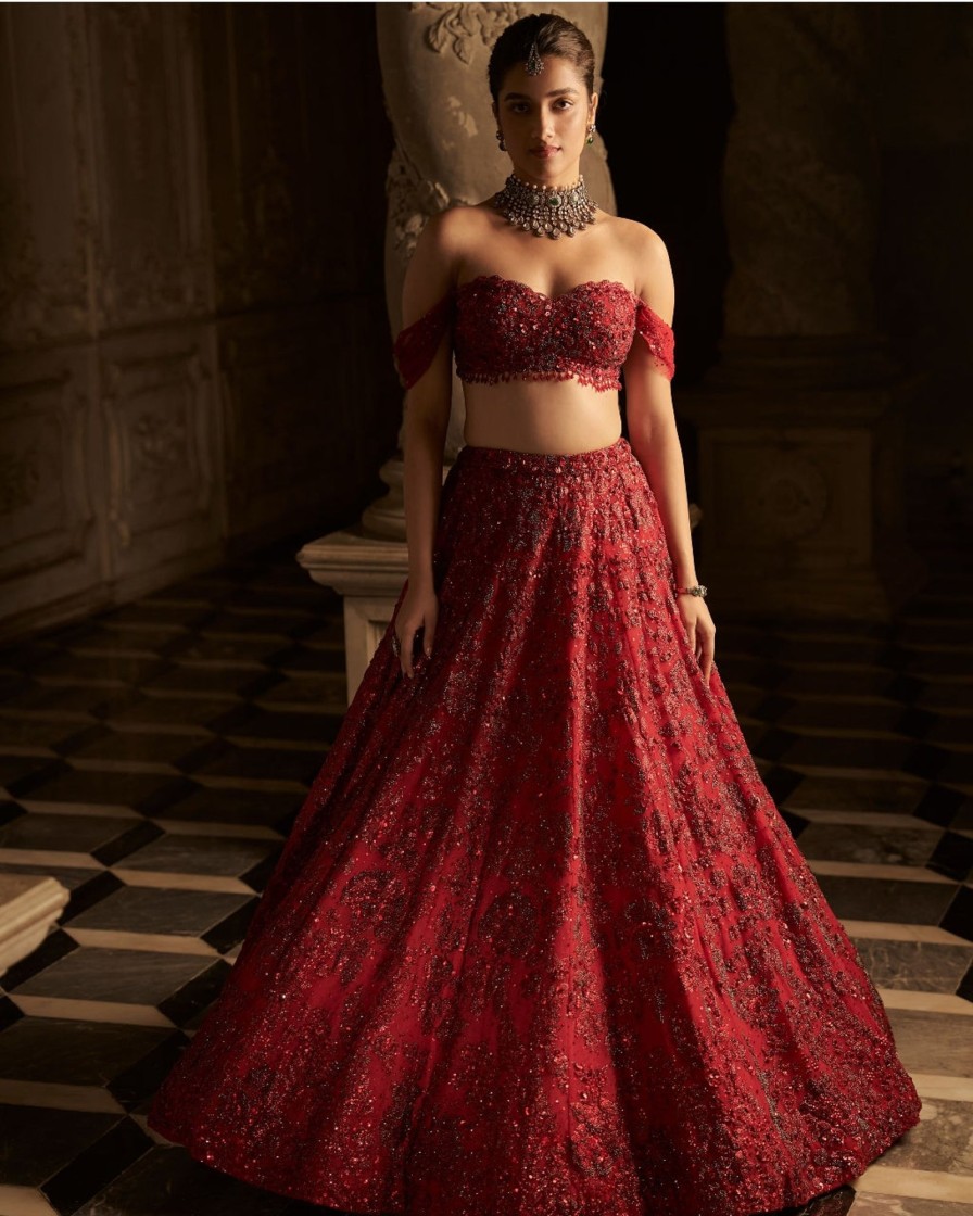 Bridal Seema Gujral | Red Off-Shoulder Lehenga Set