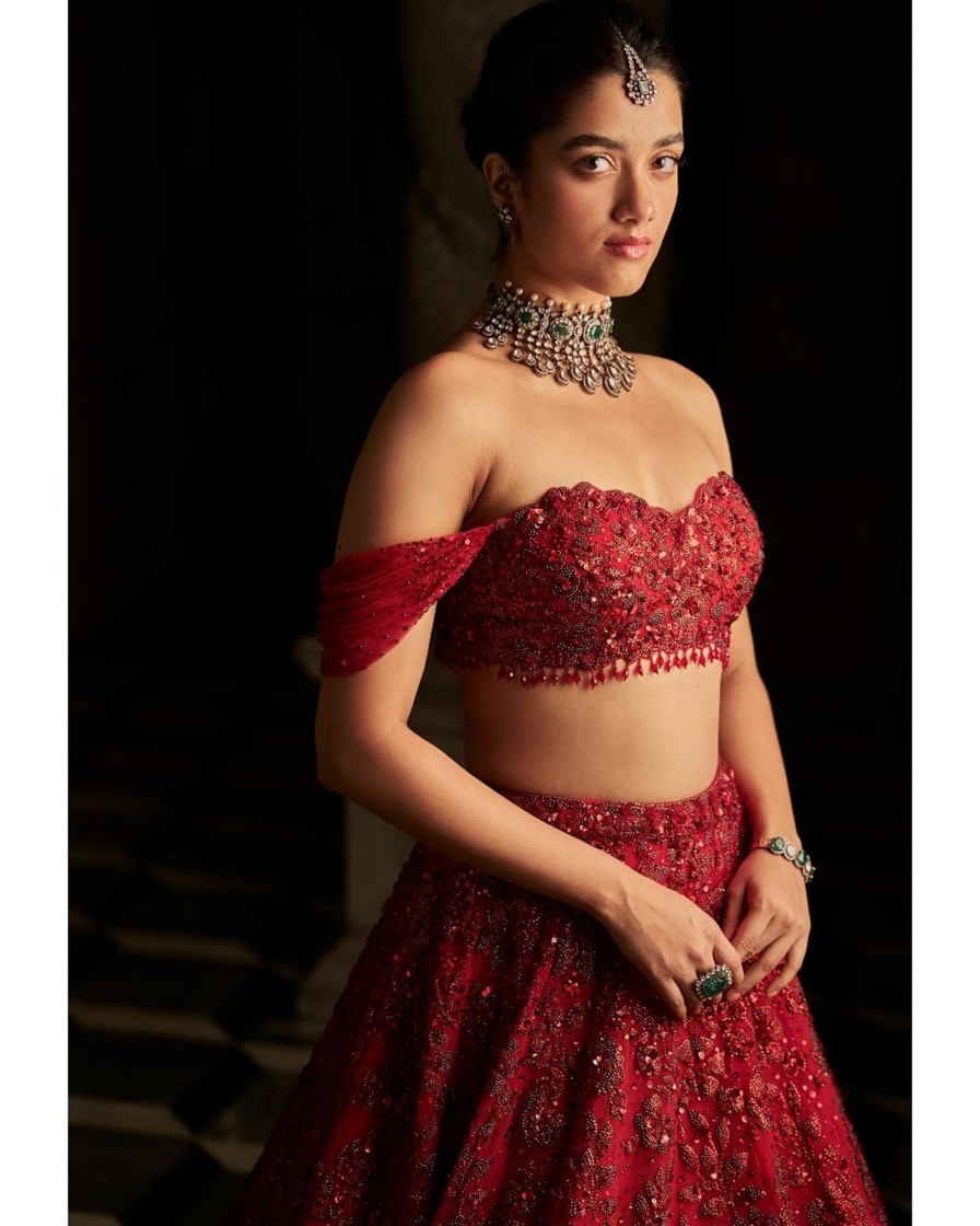 Bridal Seema Gujral | Red Off-Shoulder Lehenga Set