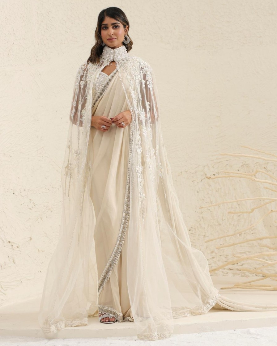 Bridal Mala u0026 Kinnary | Pearl Embellished Sari Set With Cape