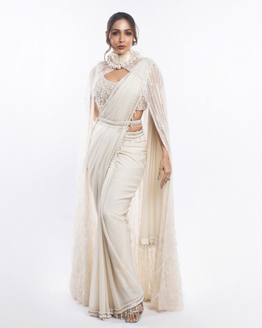 Bridal Mala u0026 Kinnary | Pearl Embellished Sari Set With Cape