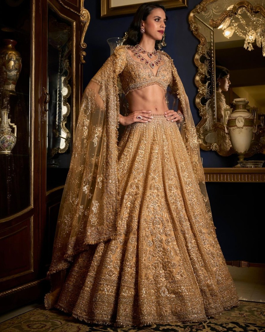 Bridal Seema Gujral | Copper Crystal Drop Lehenga Set