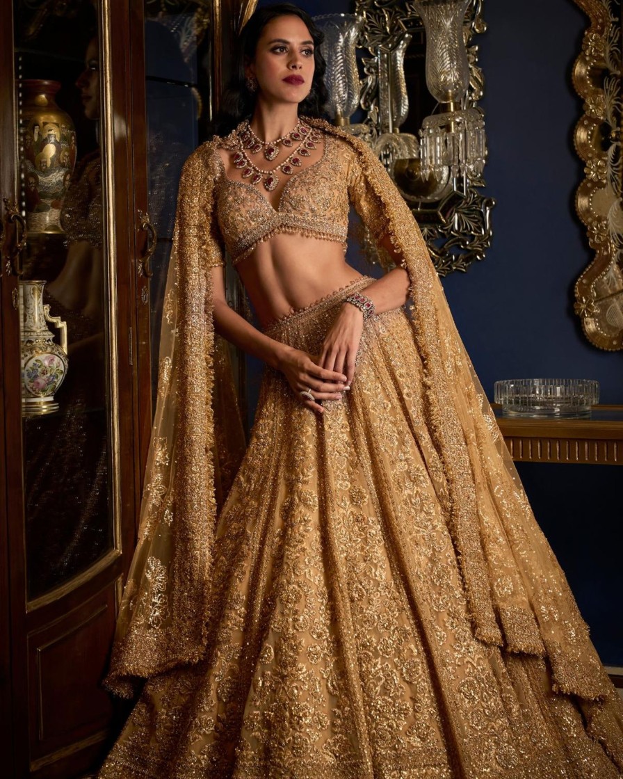 Bridal Seema Gujral | Copper Crystal Drop Lehenga Set