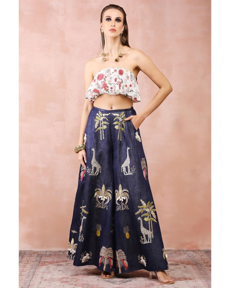 Womens Payal Singhal | Off White Ruffle Bustier With Denim Pants