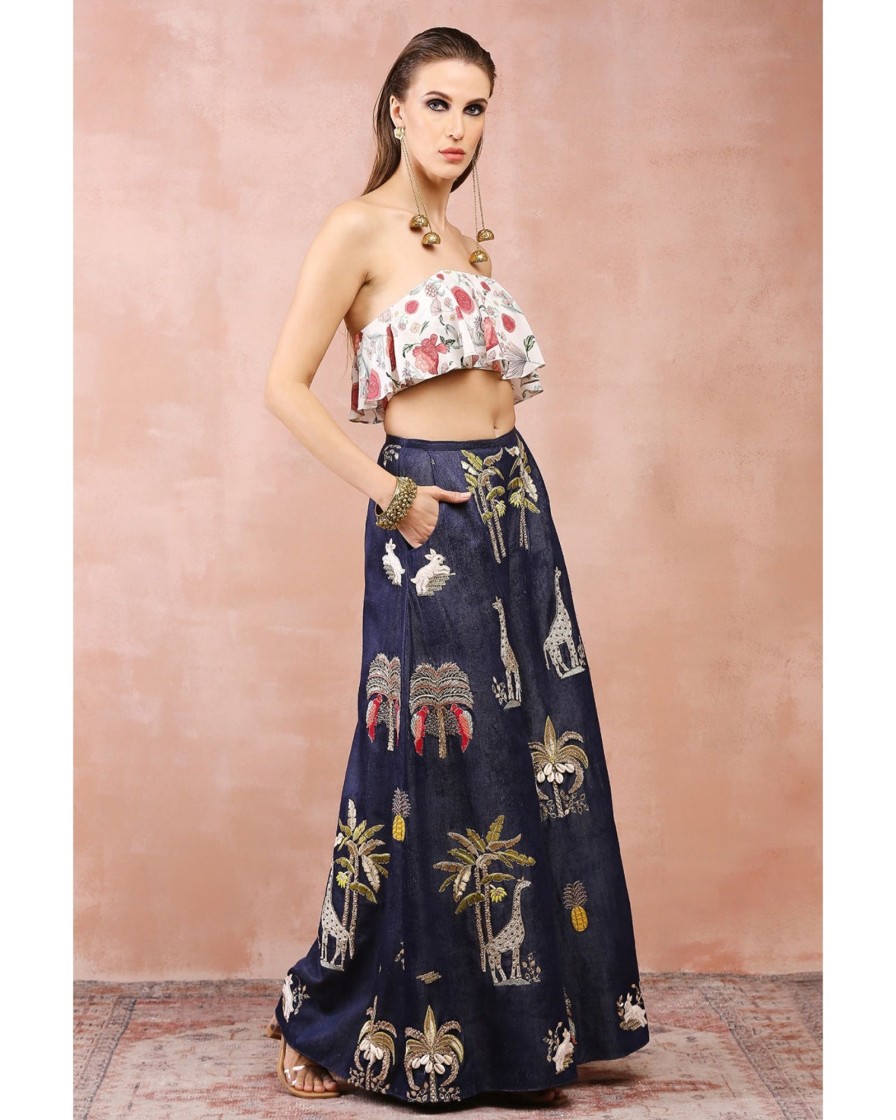 Womens Payal Singhal | Off White Ruffle Bustier With Denim Pants