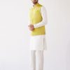 Mens Devnaagri Mens | Ivory/Lime Green Cotton Silk Kurta With Bandi Set