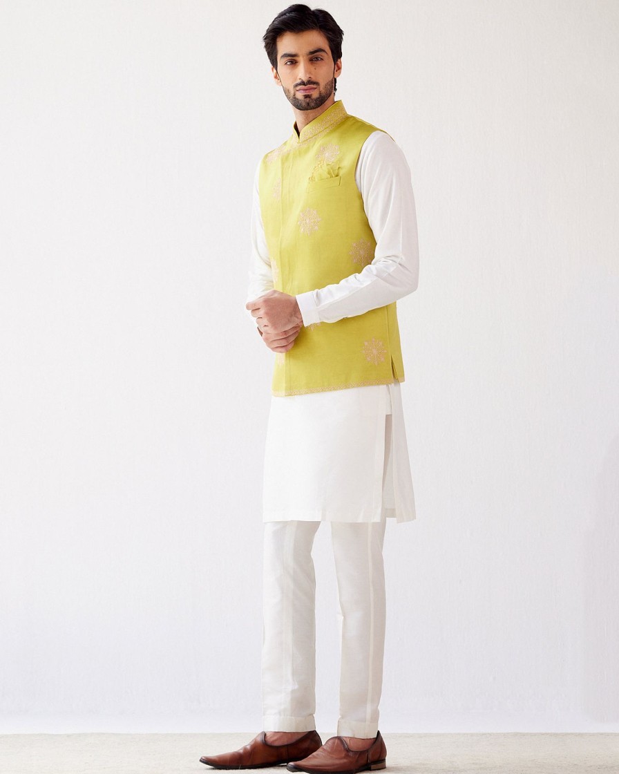 Mens Devnaagri Mens | Ivory/Lime Green Cotton Silk Kurta With Bandi Set