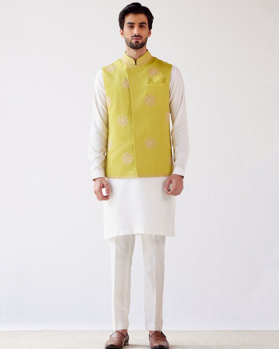 Mens Devnaagri Mens | Ivory/Lime Green Cotton Silk Kurta With Bandi Set