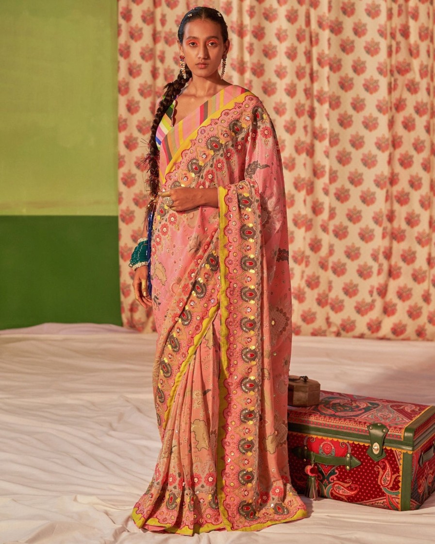 Womens Siddhartha Bansal | Twilight Pink Ombre Embroidered Sari Set