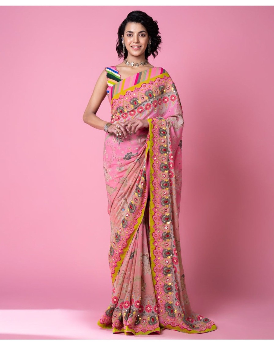 Womens Siddhartha Bansal | Twilight Pink Ombre Embroidered Sari Set