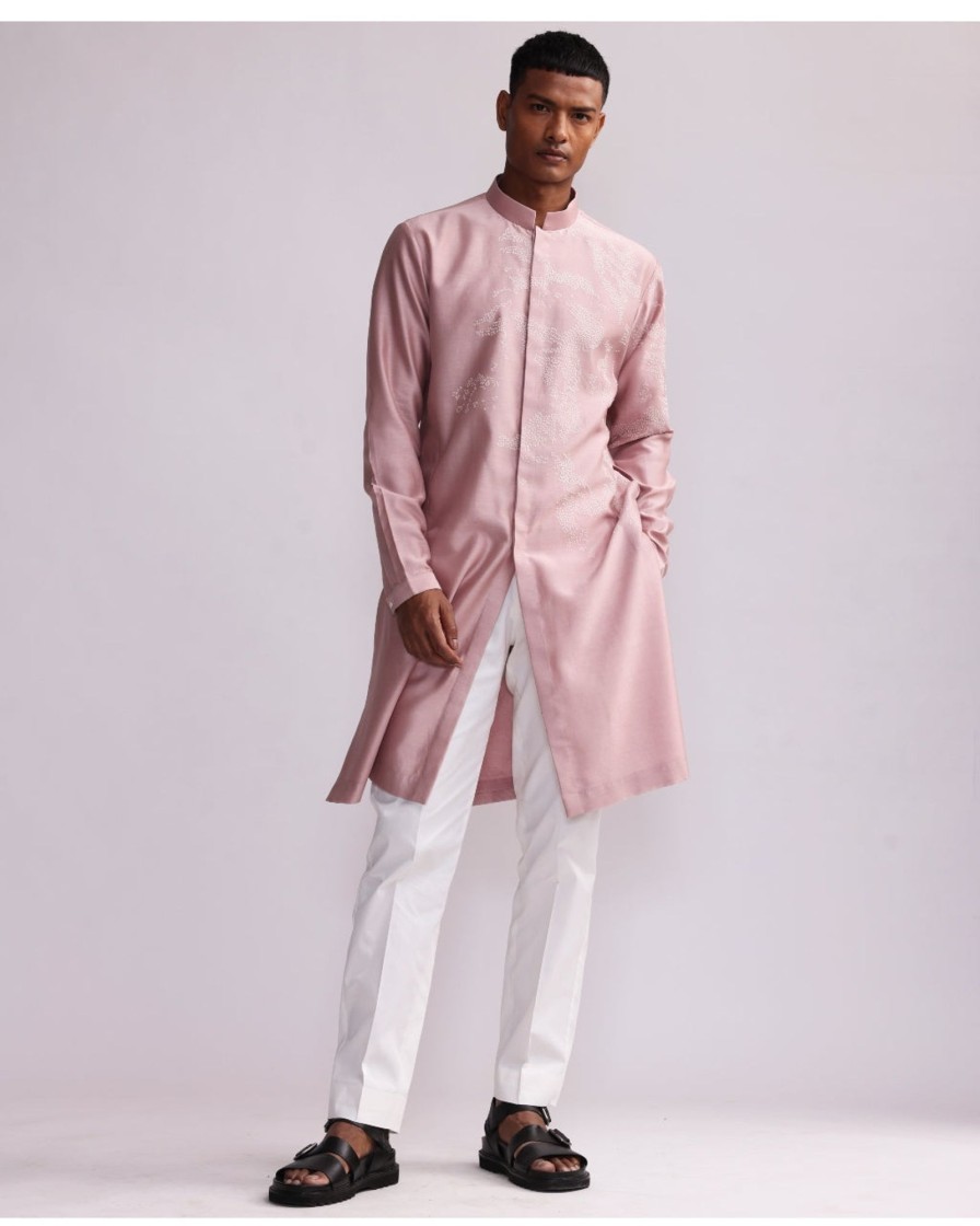 Mens Country Made | Old Rose Shadow Camo Placement Front Open Kurta Set