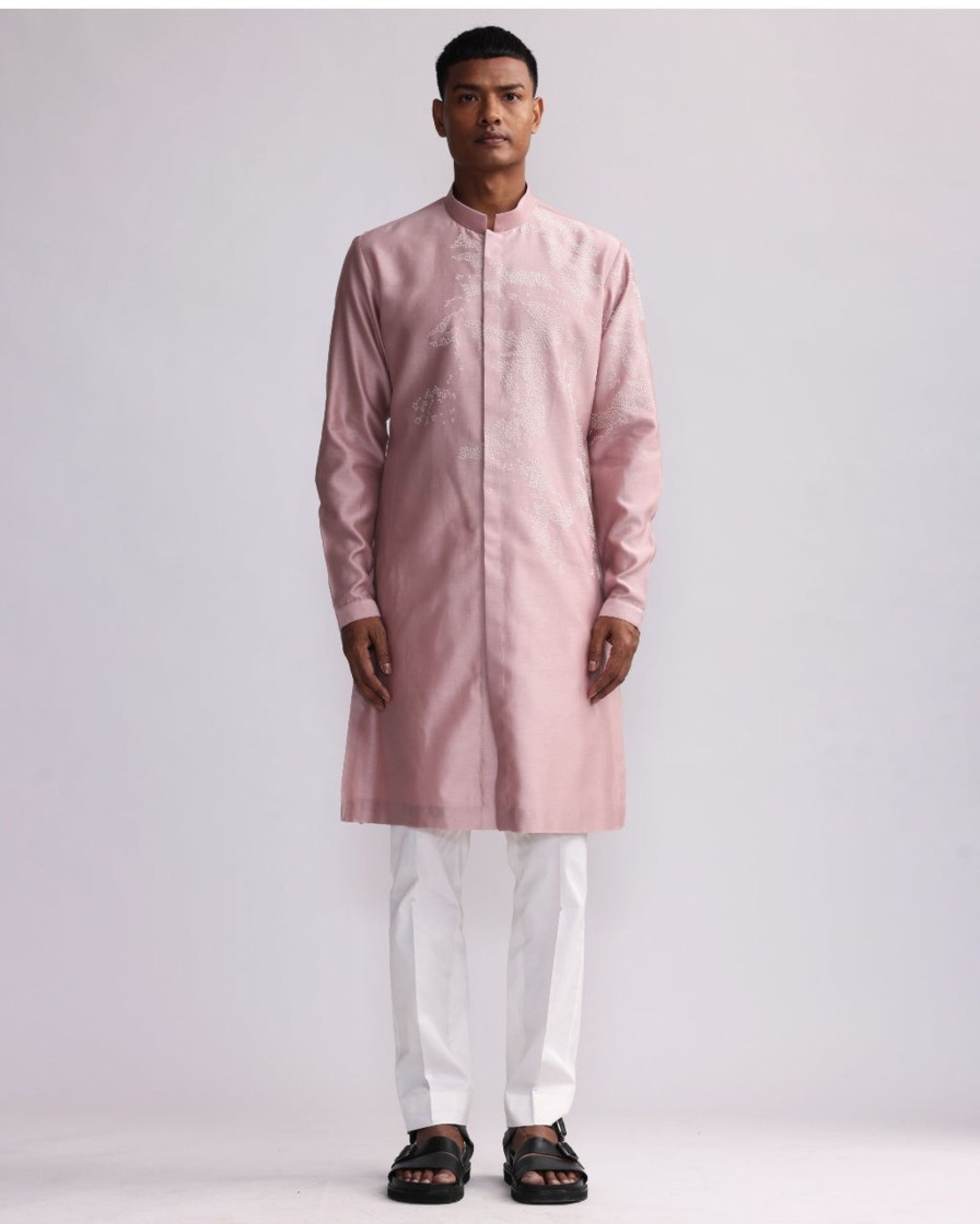 Mens Country Made | Old Rose Shadow Camo Placement Front Open Kurta Set