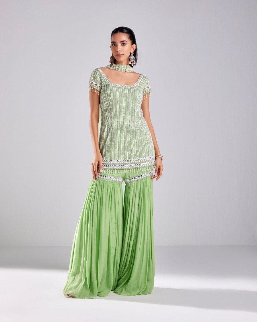 Womens Diya Rajvvir | Mint Green Embroidered Kurti Set