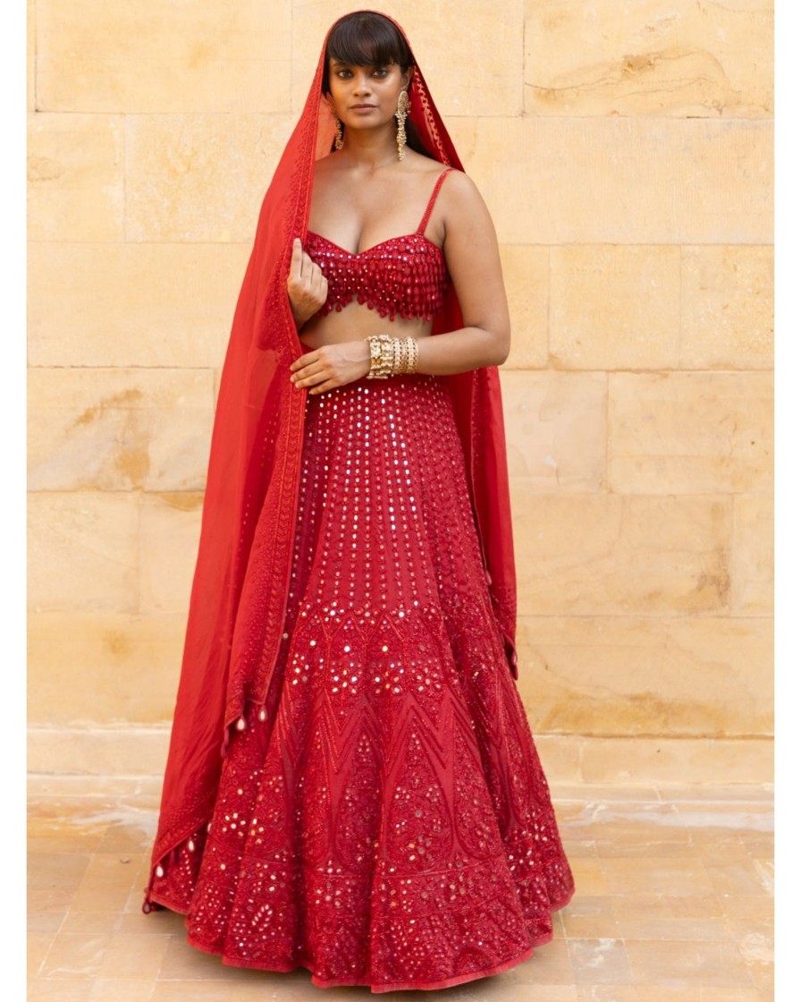 Womens Arpita Mehta | Red Mirror U0026 Cutdana Embroidered Lehenga Set