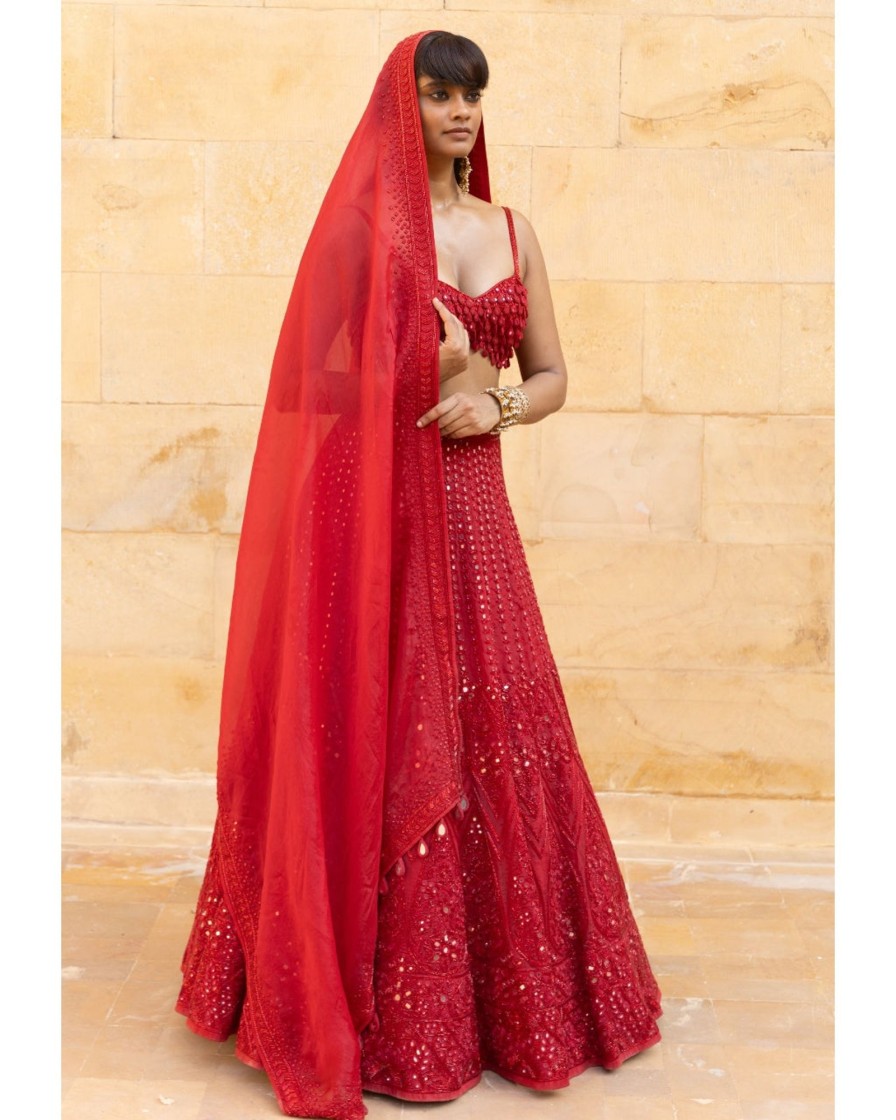 Womens Arpita Mehta | Red Mirror U0026 Cutdana Embroidered Lehenga Set