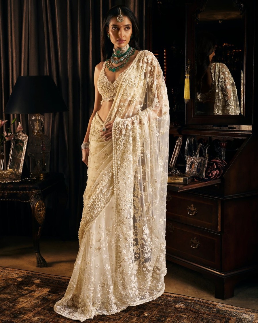 Womens Seema Gujral | Ivory Three-Dimensional Sari With Strappy Blouse