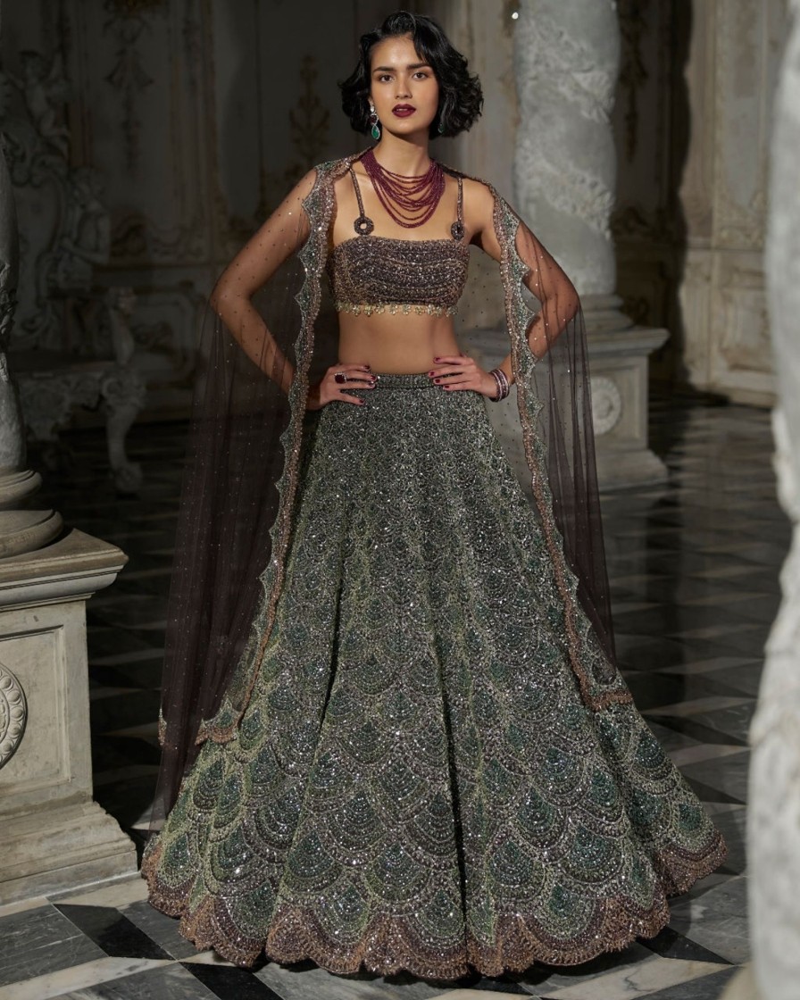 Bridal Seema Gujral | Emerald Green Scalloped Lehenga Set