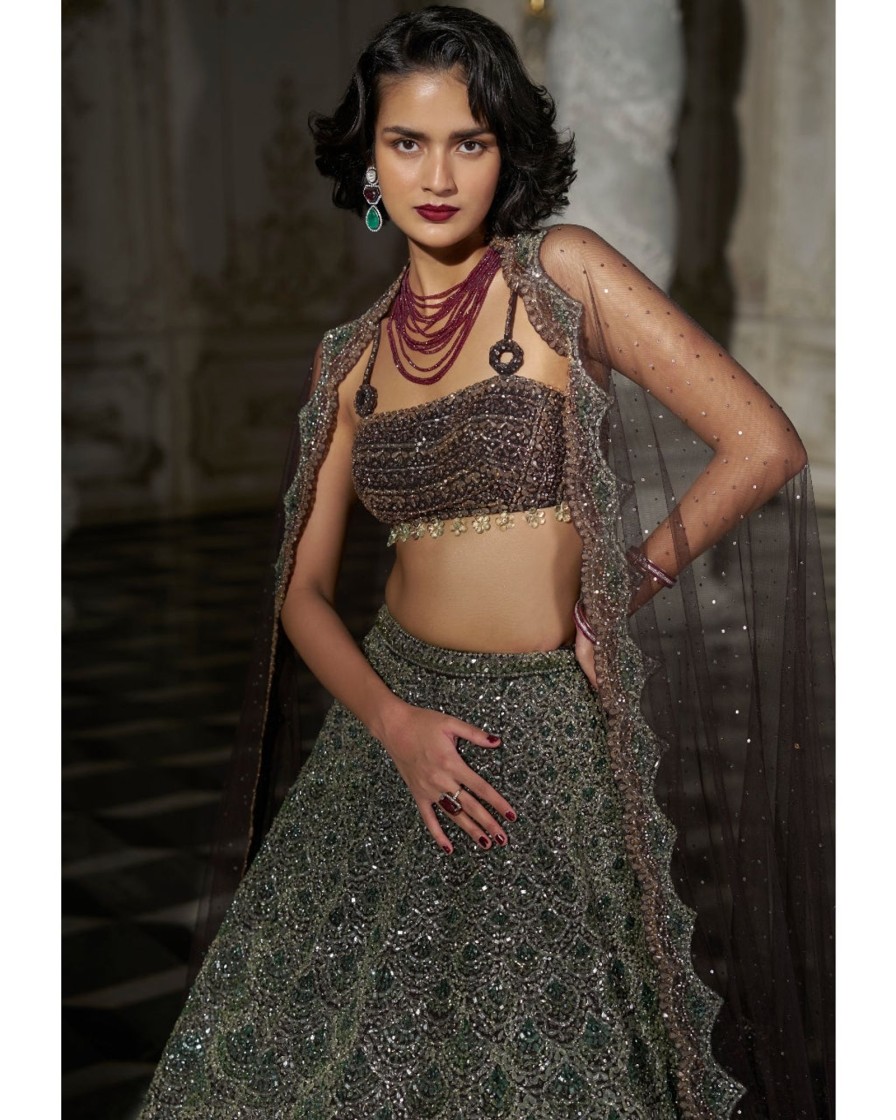 Bridal Seema Gujral | Emerald Green Scalloped Lehenga Set