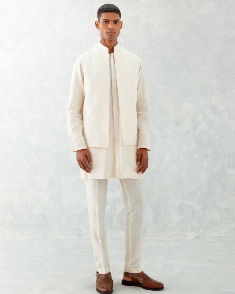 Mens Devnaagri Mens | Ivory Kurta With Embroidered Bandi Set